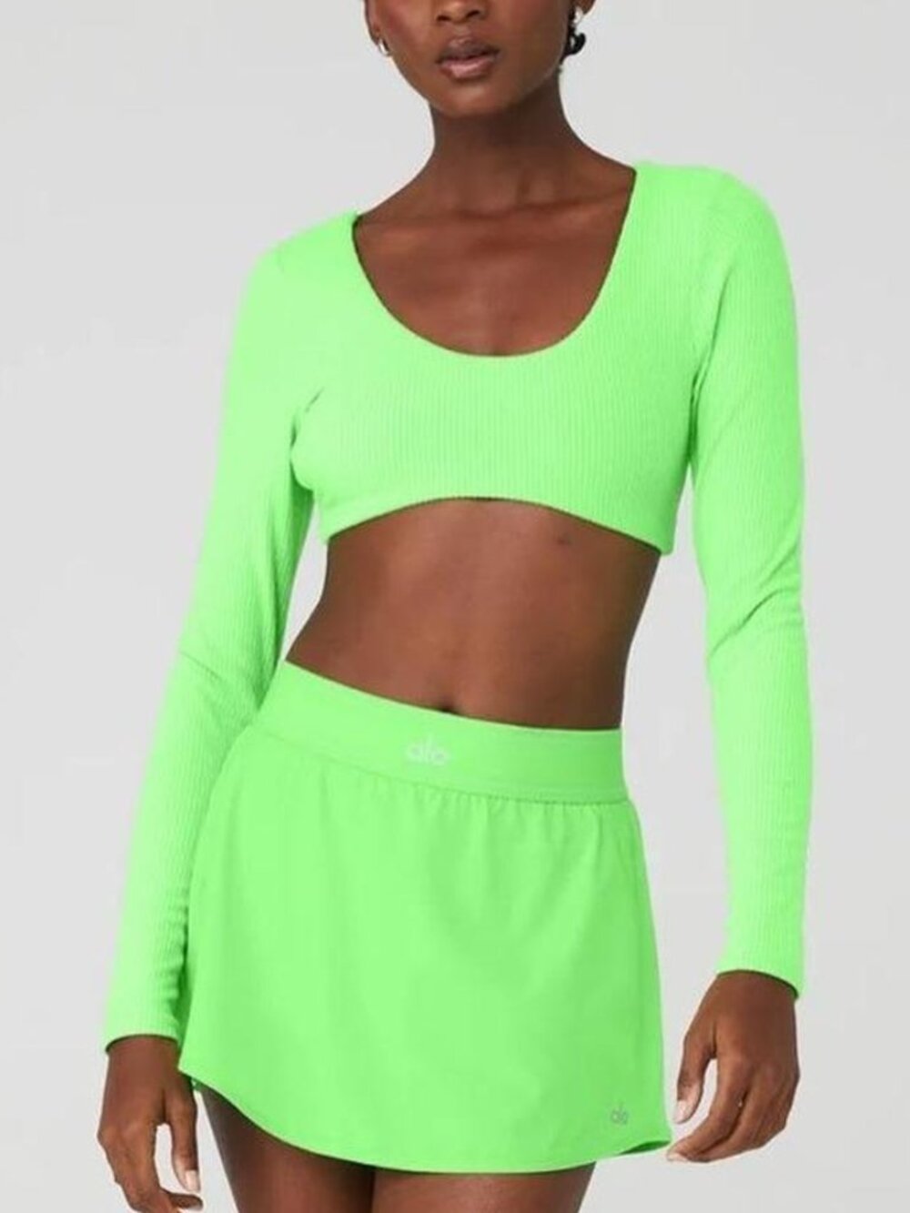 Alo Yoga Ribbed Defined Long Sleeve Scoop Crop Top Bra in Neon Green